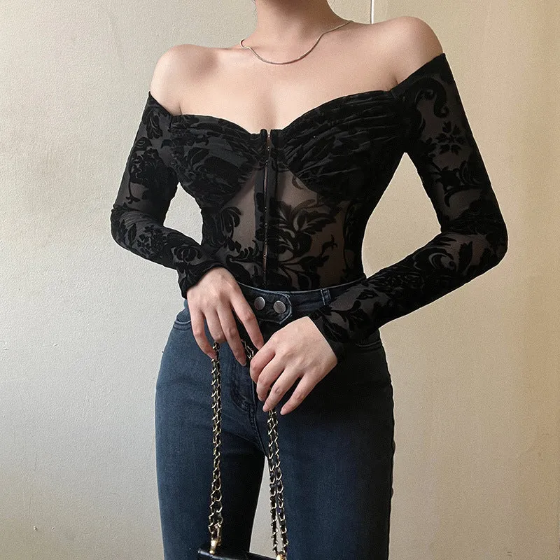 Lace Printed Slim Fit Bodysuit Off Shoulder Long Sleeved Top