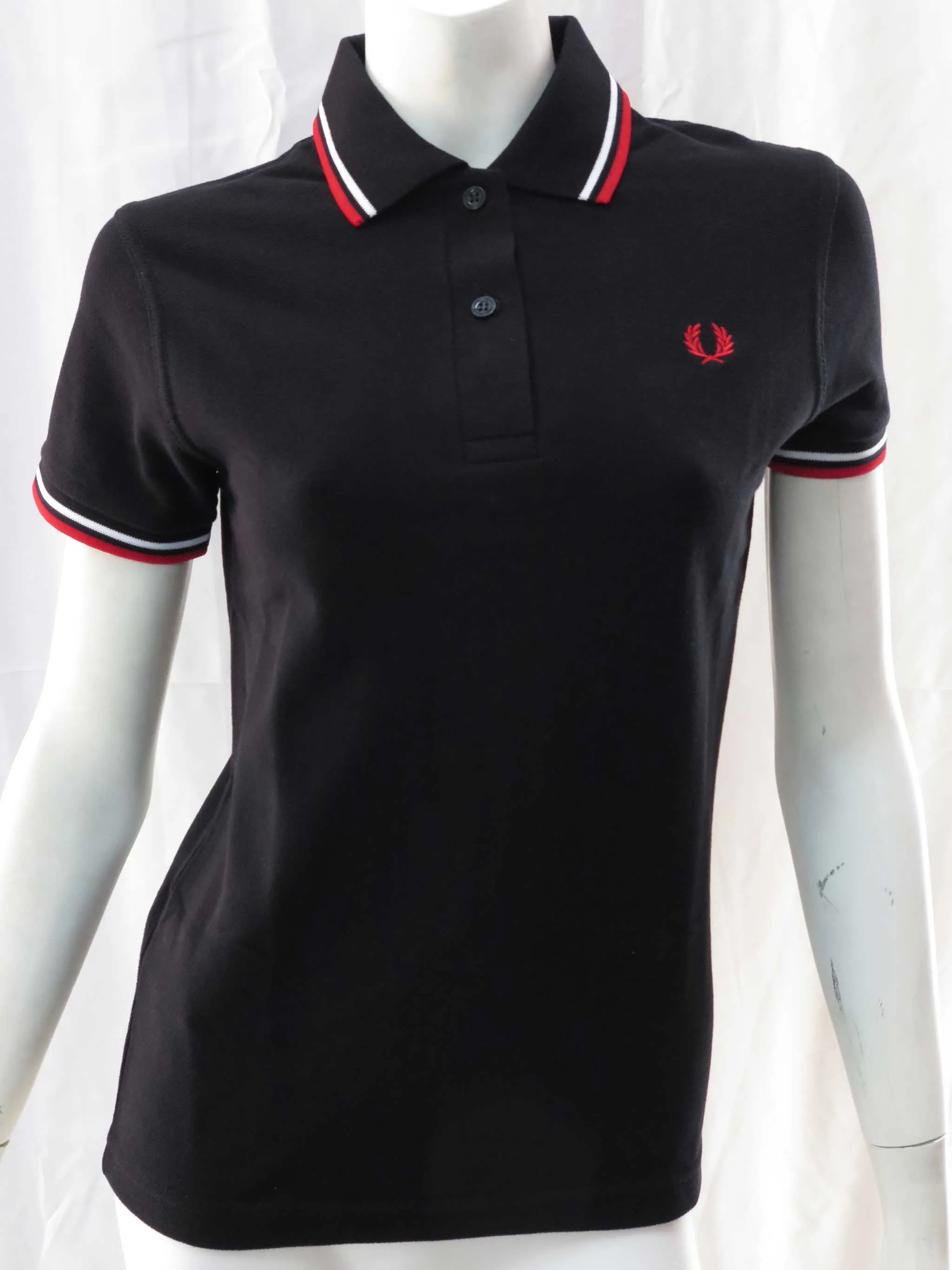 LADIES MADE IN ENGLAND FRED PERRY SHIRT (BLACK/WHITE/RED)