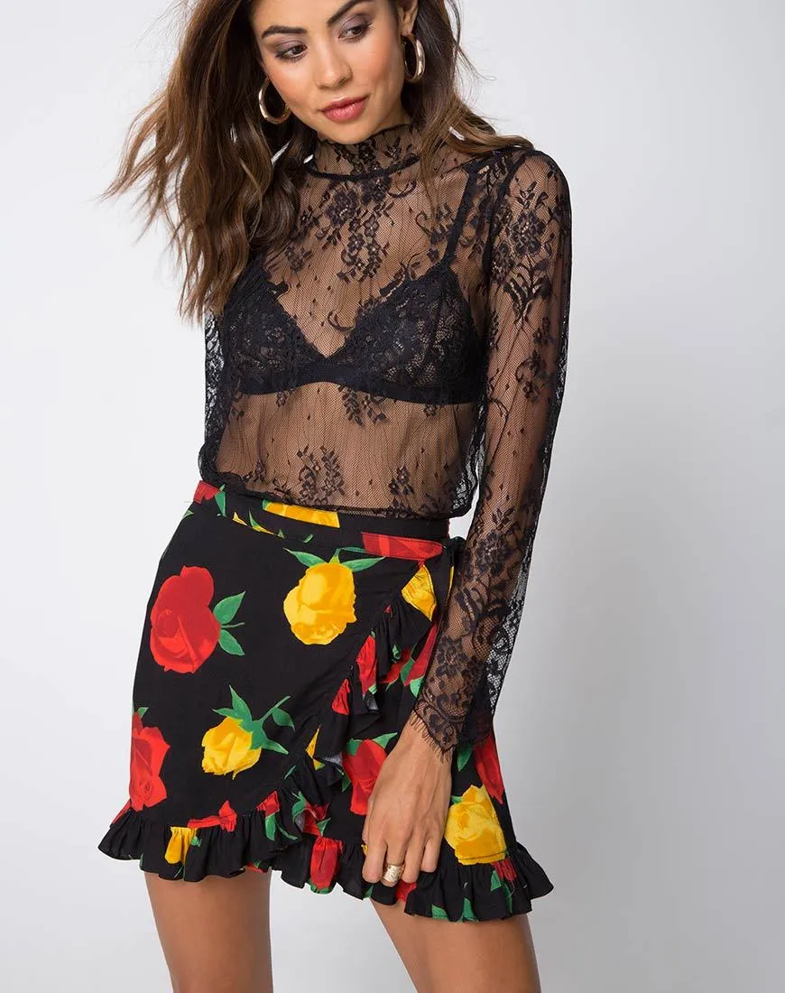 Lahela High Neck Top in Floral Eyelash Lace Black