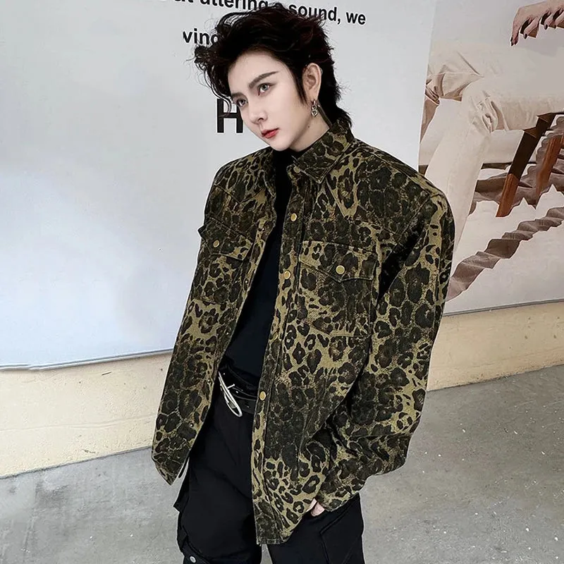 Lapel Male Jackets Stylish Leopard Printing Pockets Metal Button Men's Short Coats Personality Spring Chic 9C4398