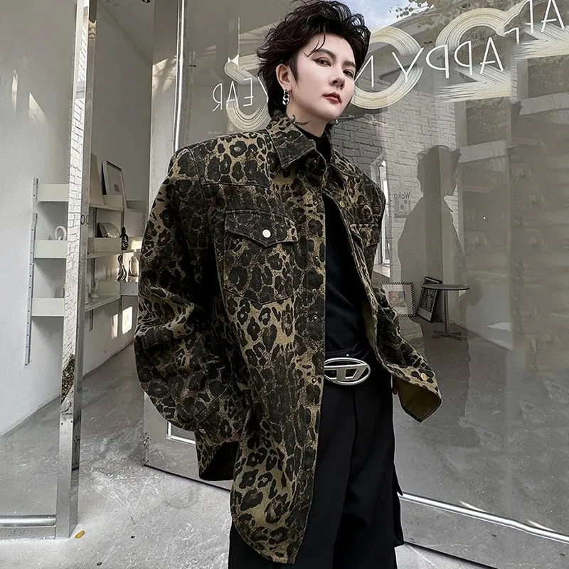 Lapel Male Jackets Stylish Leopard Printing Pockets Metal Button Men's Short Coats Personality Spring Chic 9C4398