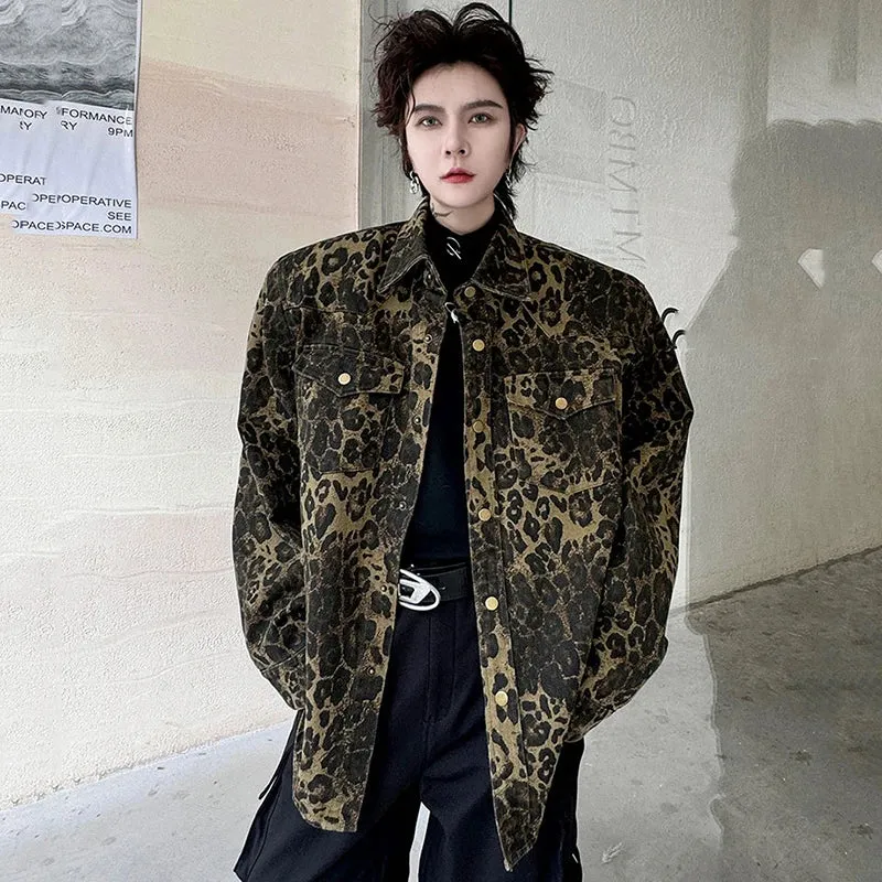 Lapel Male Jackets Stylish Leopard Printing Pockets Metal Button Men's Short Coats Personality Spring Chic 9C4398