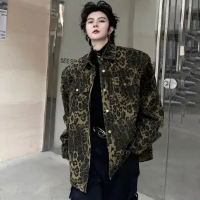 Lapel Male Jackets Stylish Leopard Printing Pockets Metal Button Men's Short Coats Personality Spring Chic 9C4398