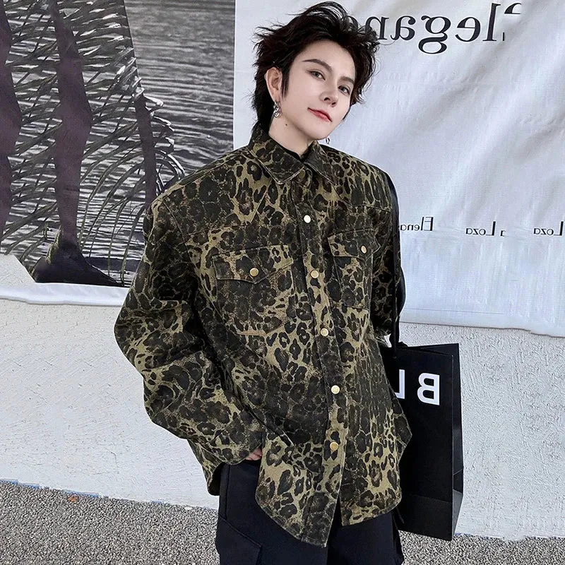 Lapel Male Jackets Stylish Leopard Printing Pockets Metal Button Men's Short Coats Personality Spring Chic 9C4398