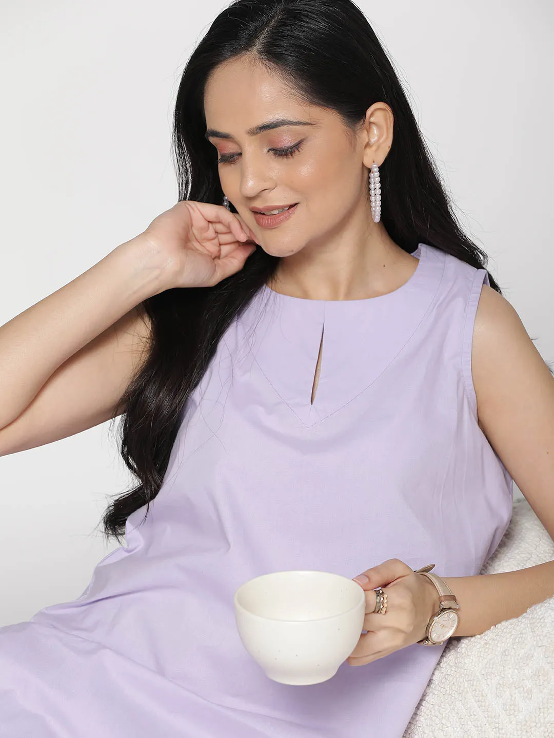 Lavender Poplin SleevelessKurti & Tapered Pants