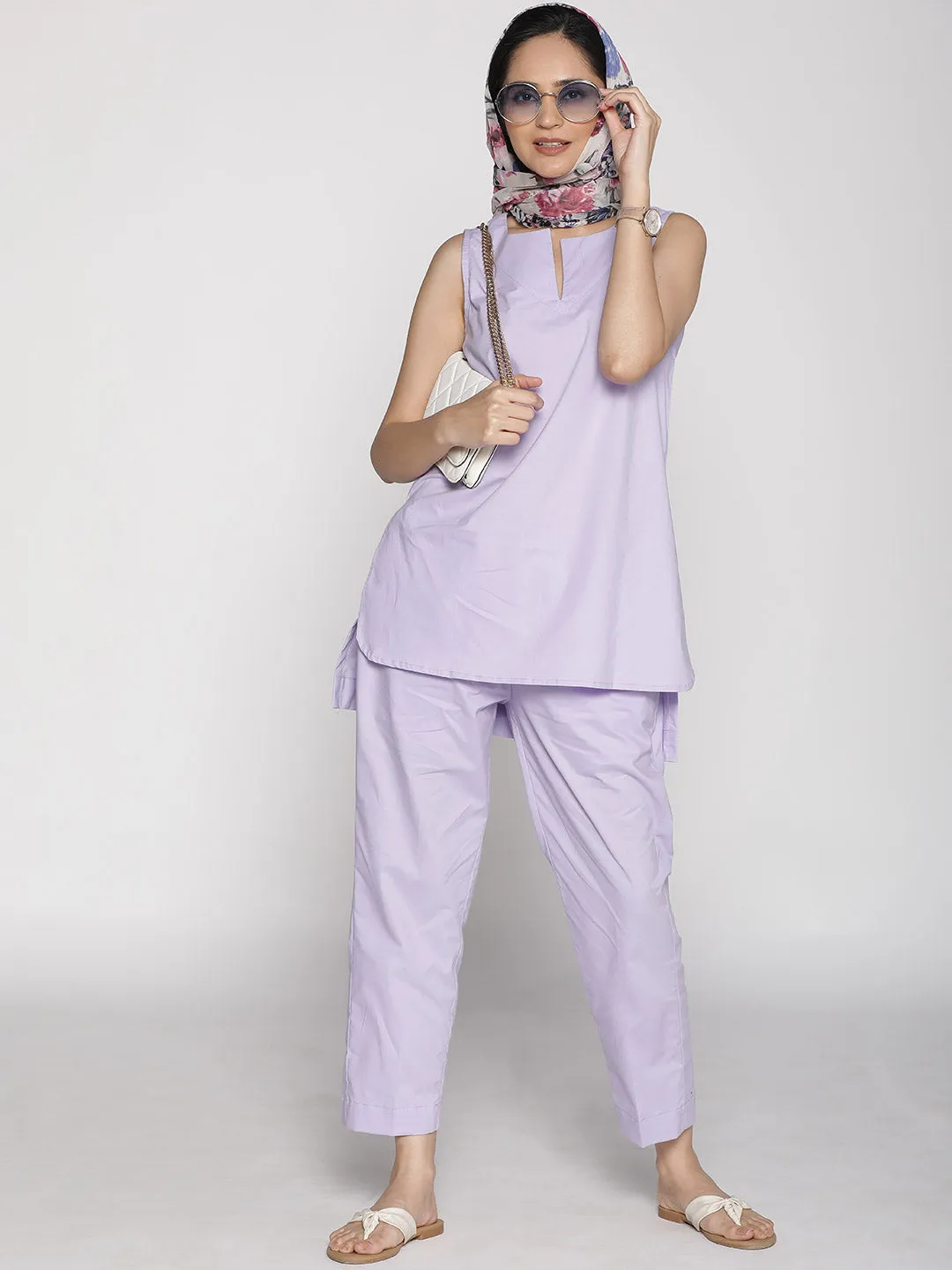 Lavender Poplin SleevelessKurti & Tapered Pants