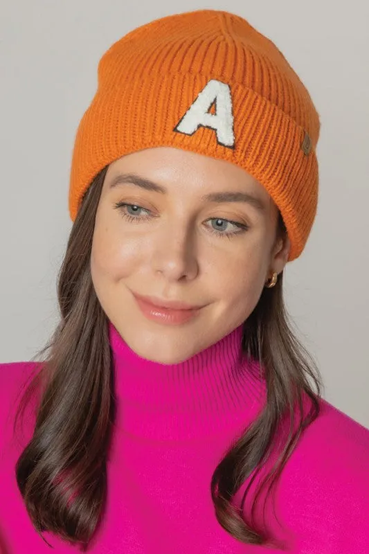 Letter A Chenille Patch Ribbed Cuff Beanie Hat