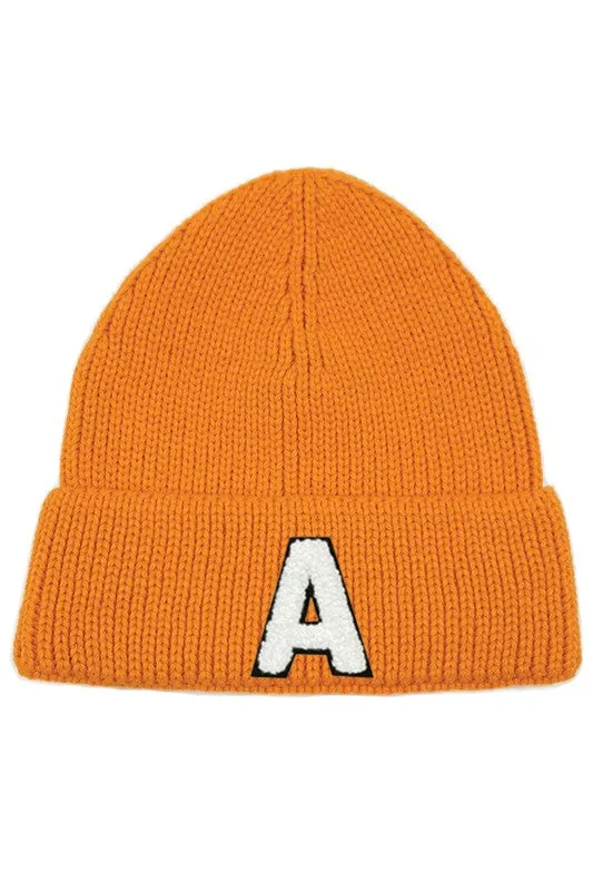 Letter A Chenille Patch Ribbed Cuff Beanie Hat