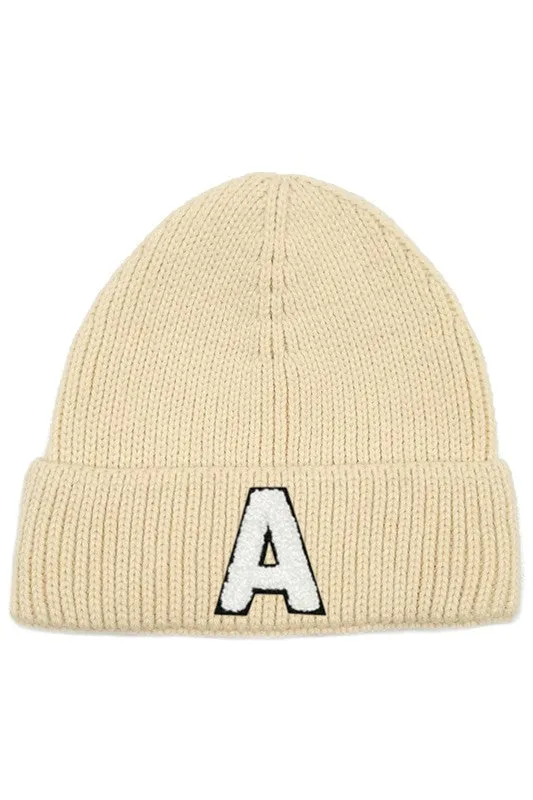 Letter A Chenille Patch Ribbed Cuff Beanie Hat