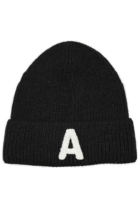 Letter A Chenille Patch Ribbed Cuff Beanie Hat