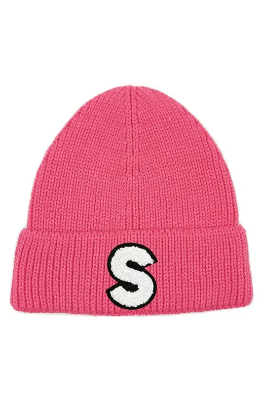 Letter S Chenille Patch Ribbed Cuff Beanie Hat