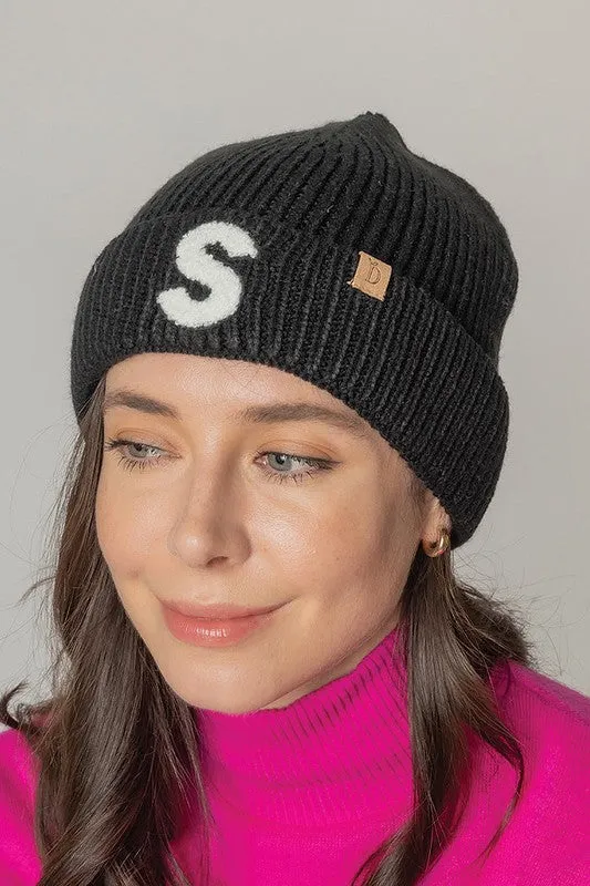 Letter S Chenille Patch Ribbed Cuff Beanie Hat