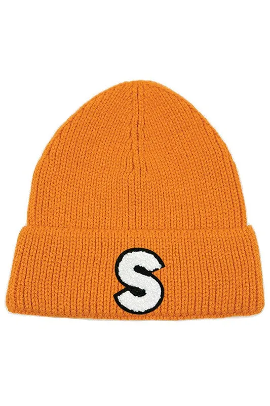 Letter S Chenille Patch Ribbed Cuff Beanie Hat