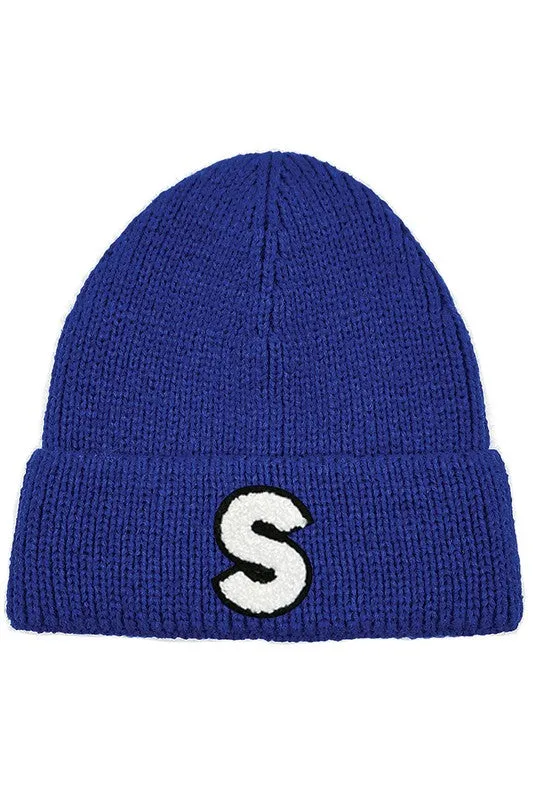 Letter S Chenille Patch Ribbed Cuff Beanie Hat