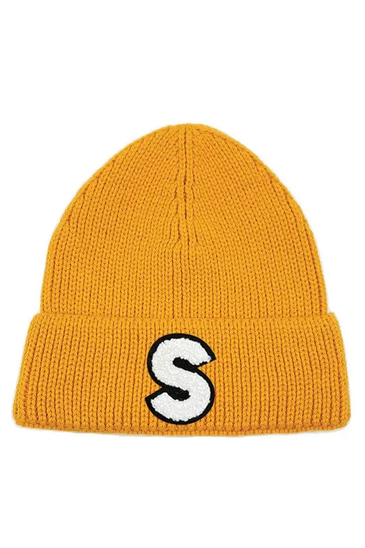 Letter S Chenille Patch Ribbed Cuff Beanie Hat