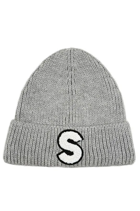 Letter S Chenille Patch Ribbed Cuff Beanie Hat