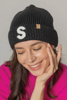 Letter S Chenille Patch Ribbed Cuff Beanie Hat