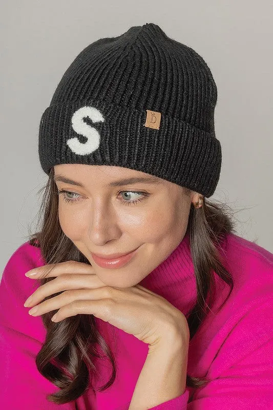 Letter S Chenille Patch Ribbed Cuff Beanie Hat