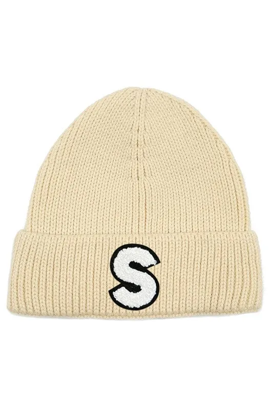 Letter S Chenille Patch Ribbed Cuff Beanie Hat