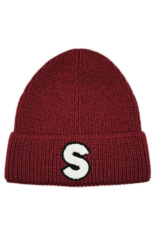 Letter S Chenille Patch Ribbed Cuff Beanie Hat