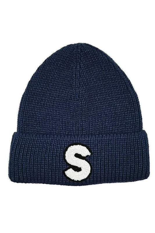 Letter S Chenille Patch Ribbed Cuff Beanie Hat