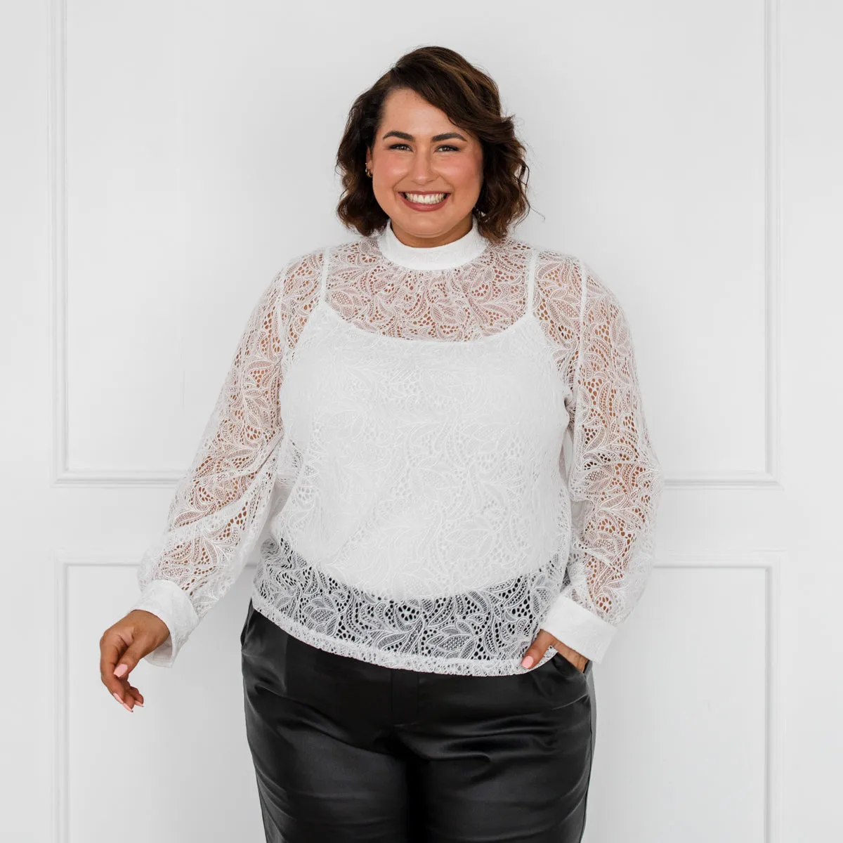 Lisette long-sleeve stretch lace top - ivory