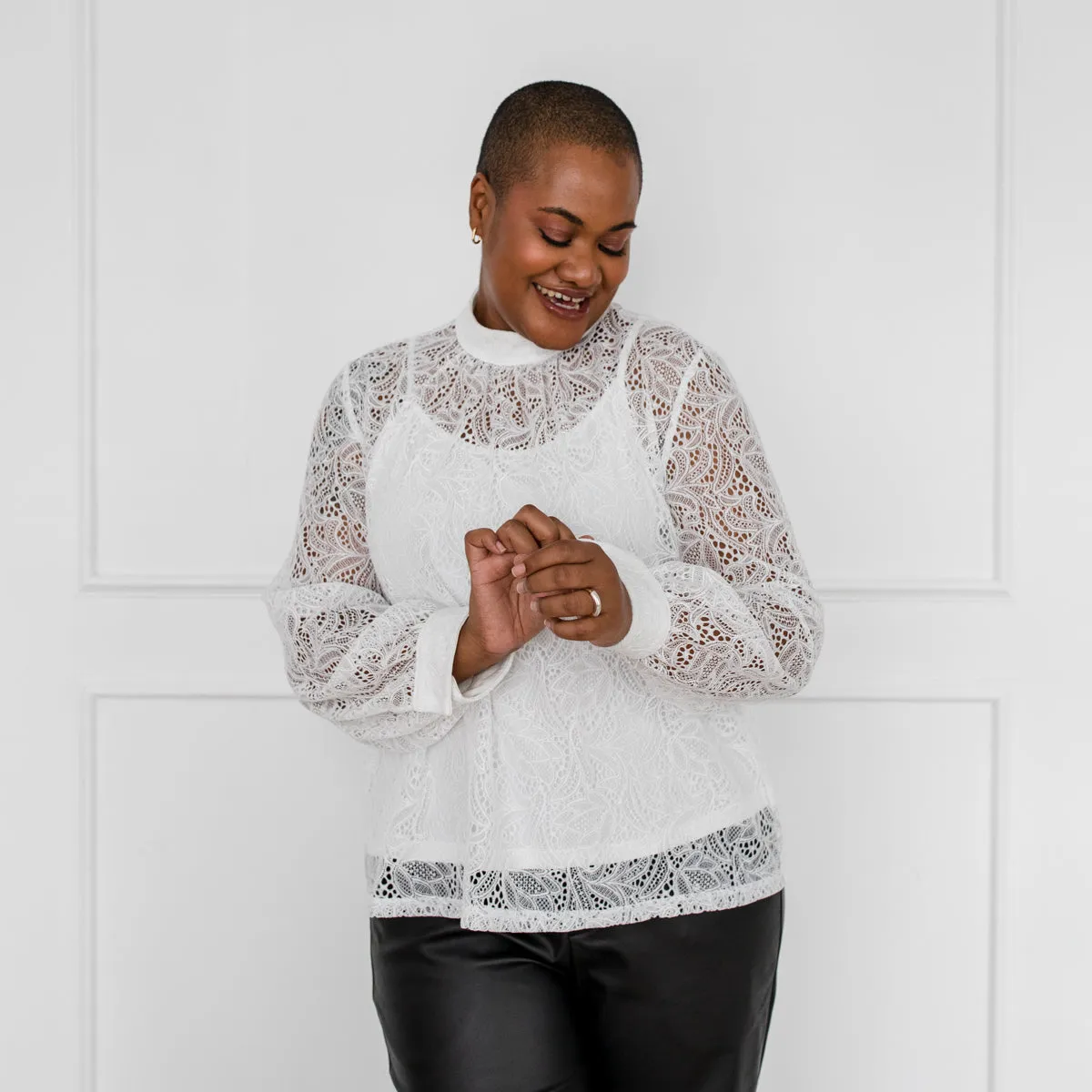 Lisette long-sleeve stretch lace top - ivory