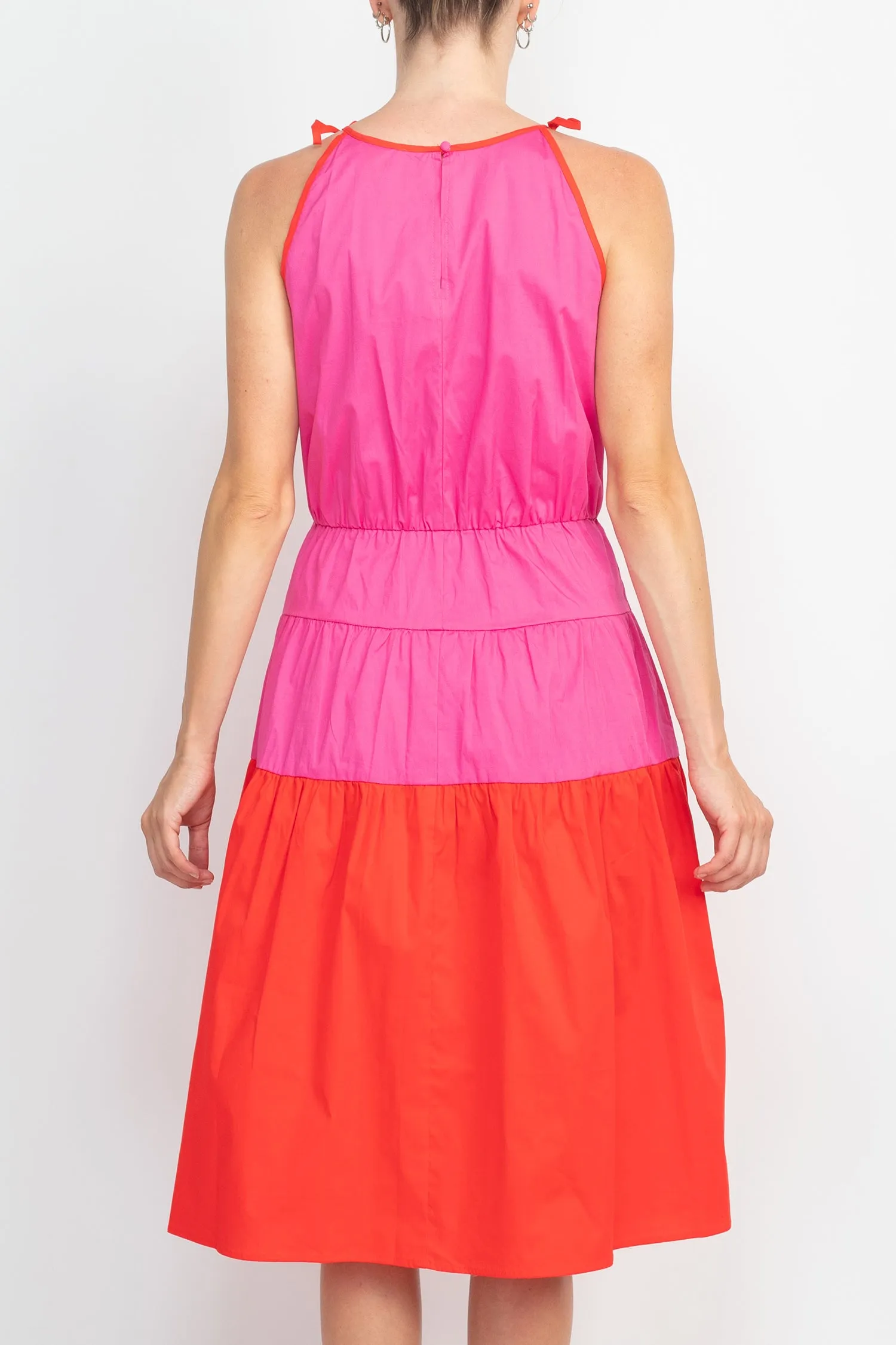 London Times Crew Neck Shoulder Ties Halter Neck Color block Tiered Skirt Midi Stretch Cotton Poppin Dress