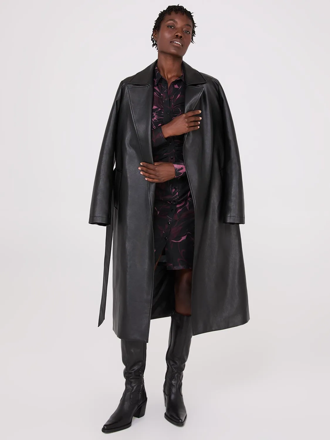 Long Faux Leather Trench Coat