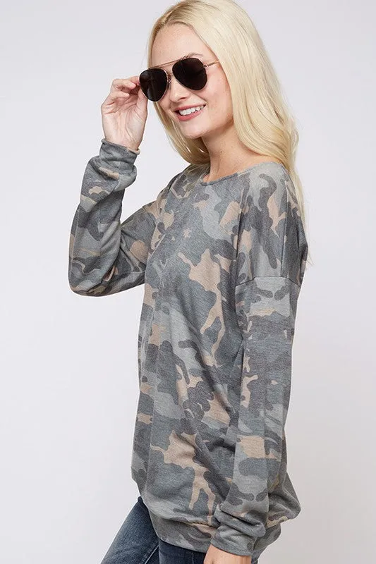 Long sleeve camouflage lattice cross strap back top