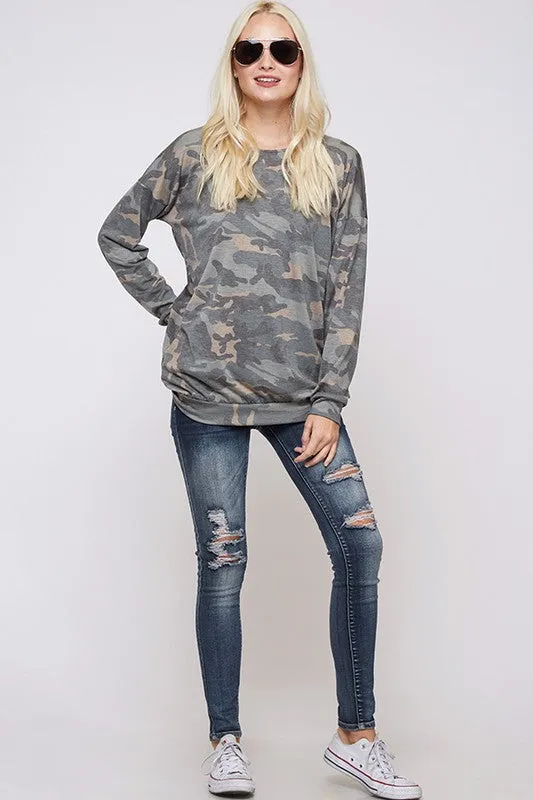 Long sleeve camouflage lattice cross strap back top