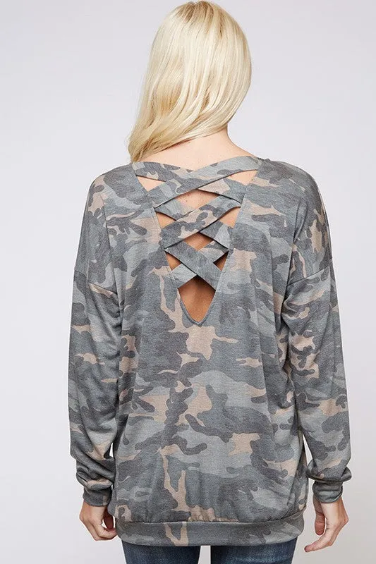 Long sleeve camouflage lattice cross strap back top