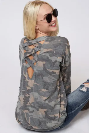 Long sleeve camouflage lattice cross strap back top