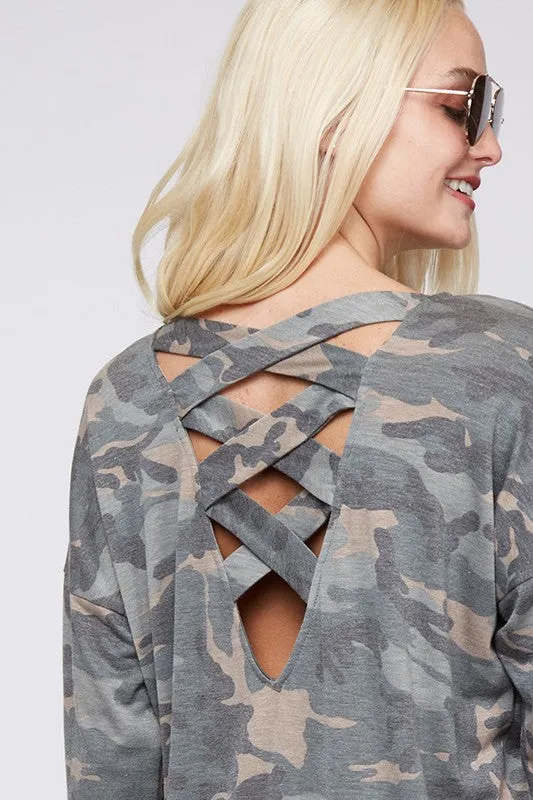 Long sleeve camouflage lattice cross strap back top