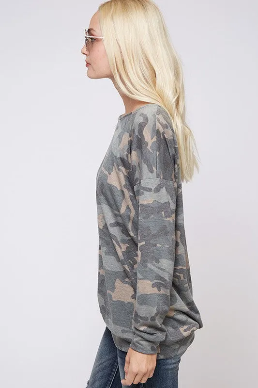 Long sleeve camouflage lattice cross strap back top