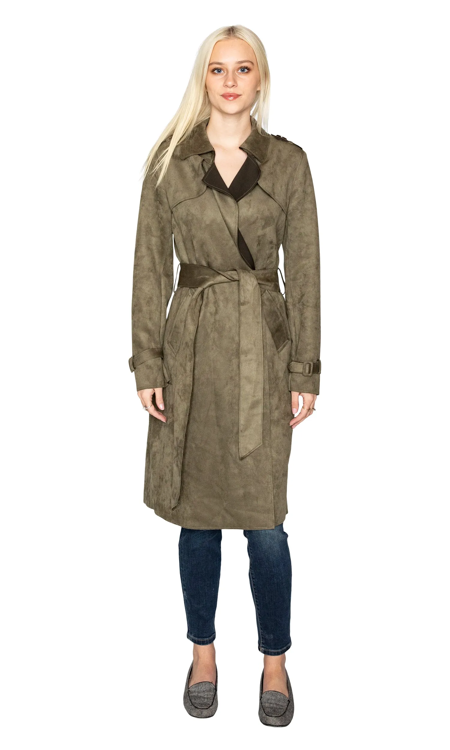 Love Token Adrianna Faux Suede Trench Coat - Olive