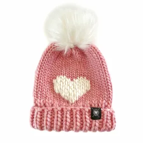 Luxury Big Heart Pom-Pom Beanie in Strawberry Milk