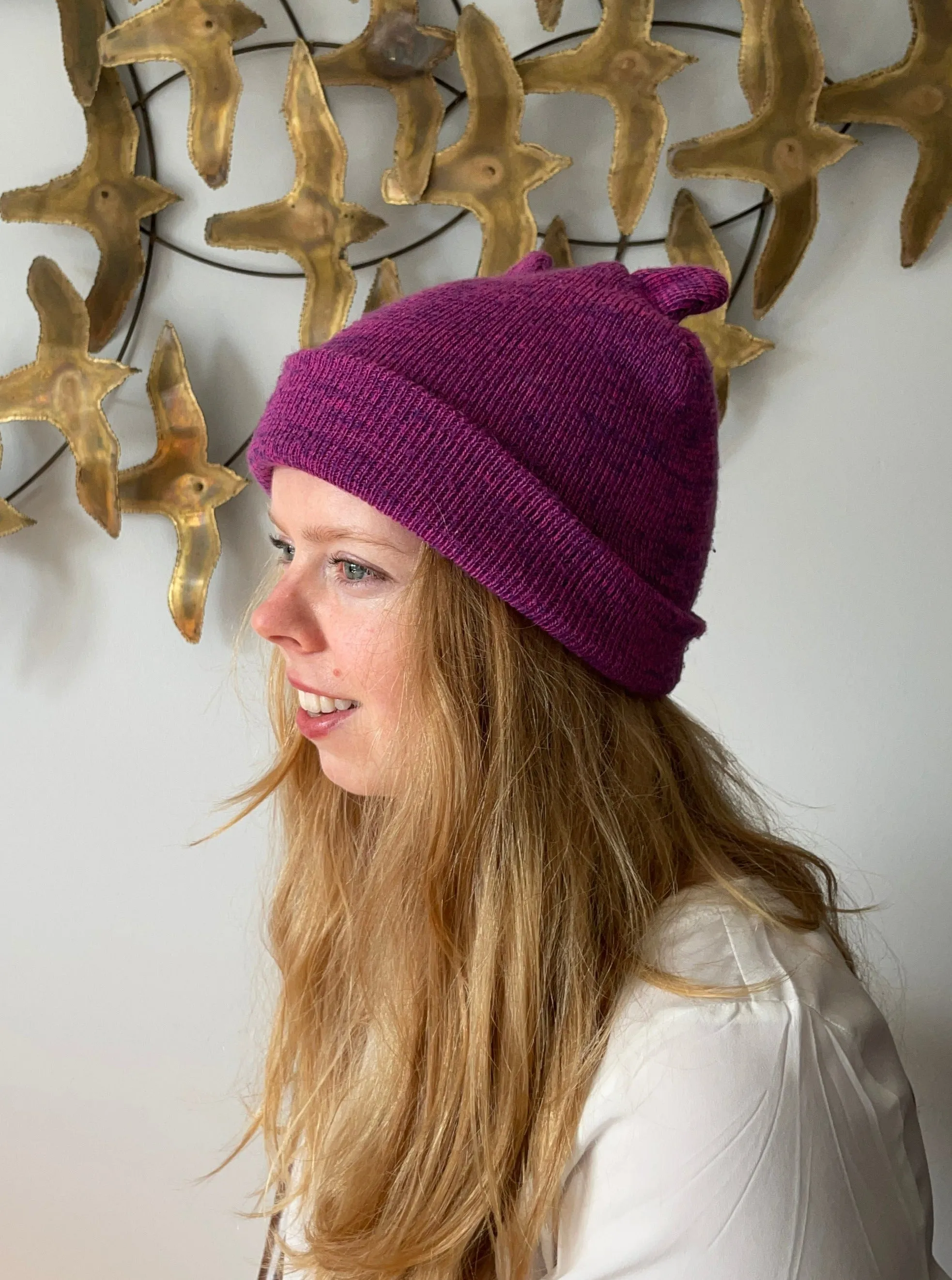 Magenta Heathered Kitty Ear Knit Toque Hat