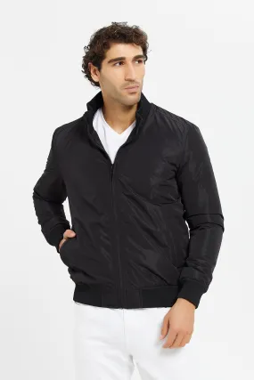 Men Black Bomber Jacket With Faux Fur Lining