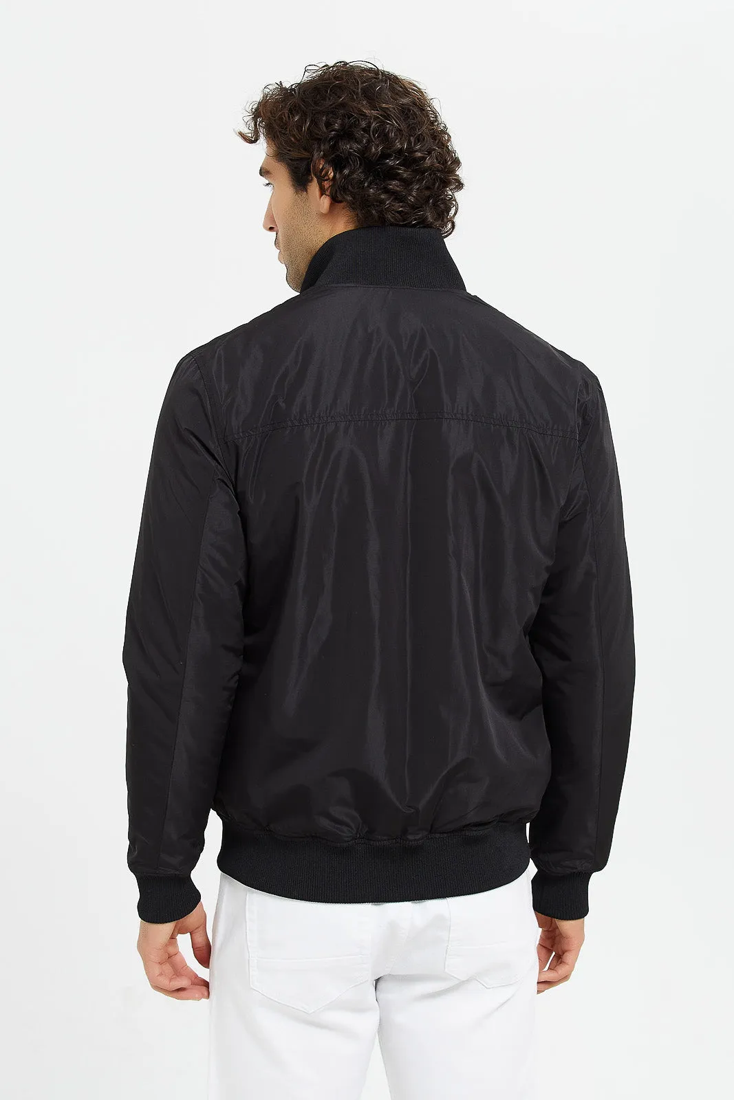 Men Black Bomber Jacket With Faux Fur Lining