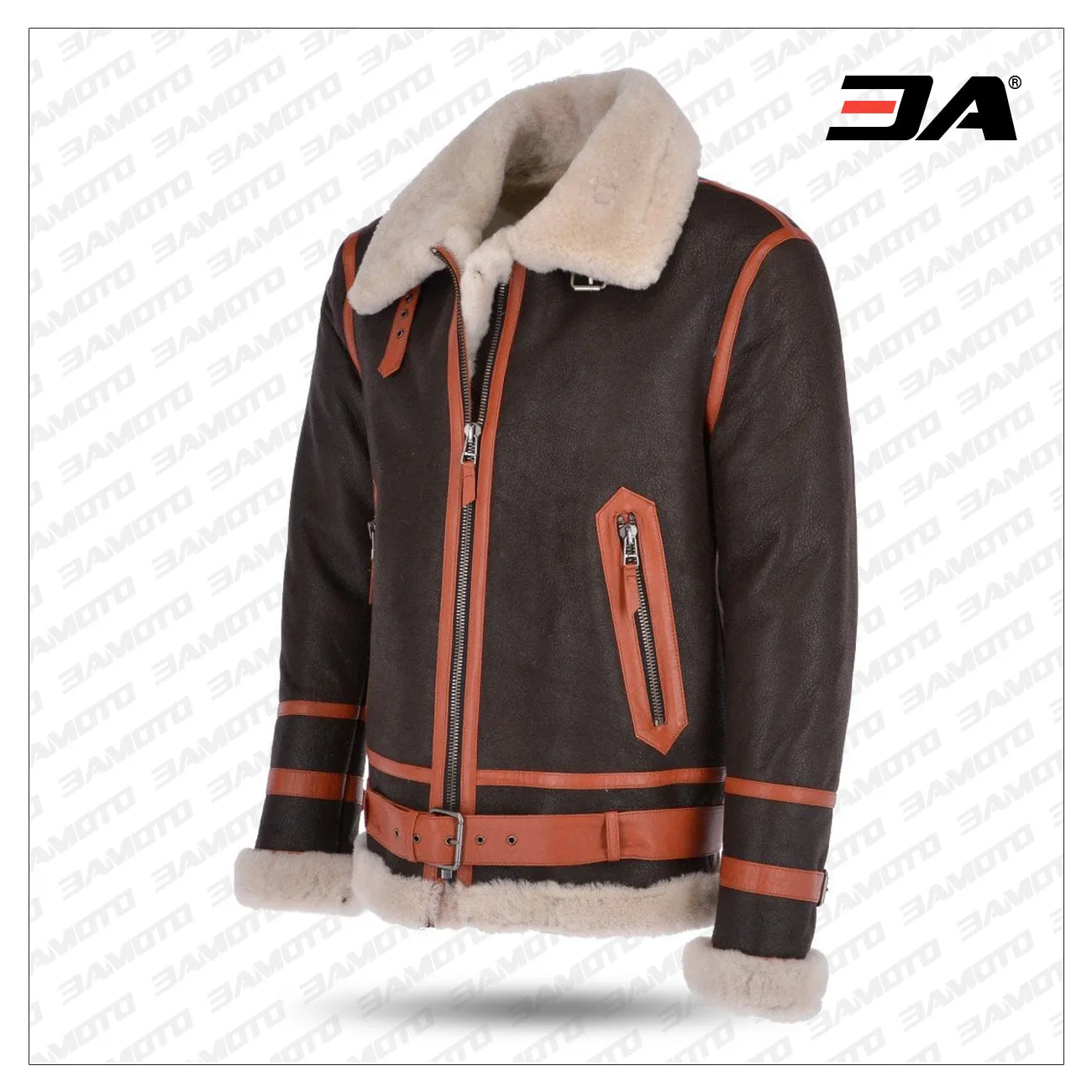 Men Sheepskin Flying Jacket Brown Orange/ Cream