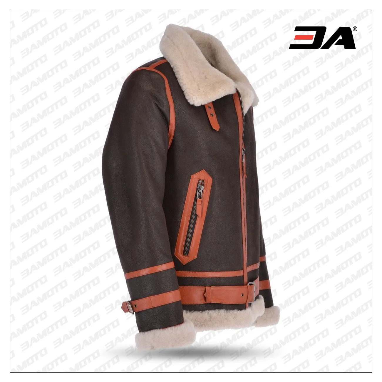 Men Sheepskin Flying Jacket Brown Orange/ Cream