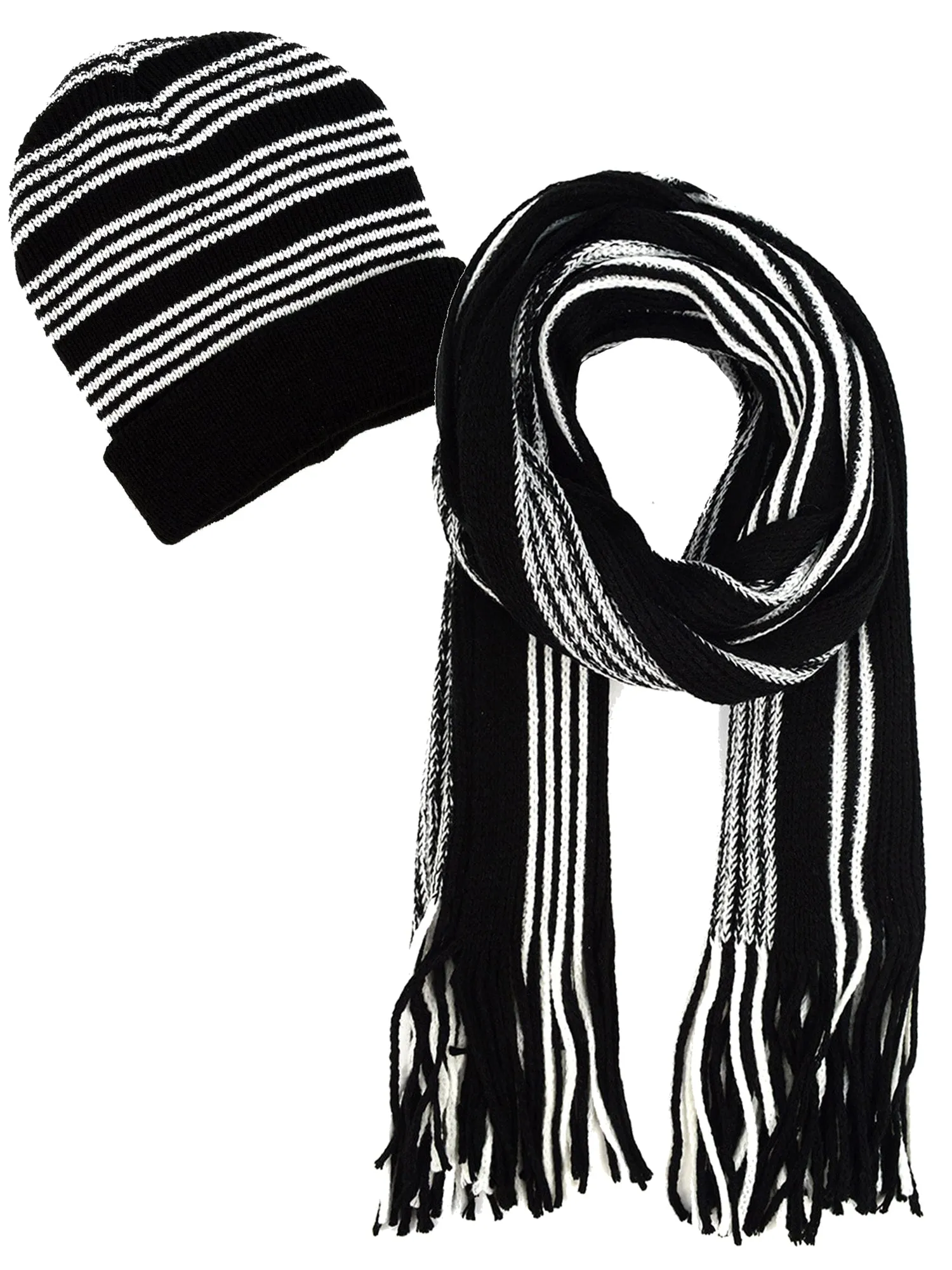 Mens Black & White Stripe Winter Knit Hat & Scarf Set