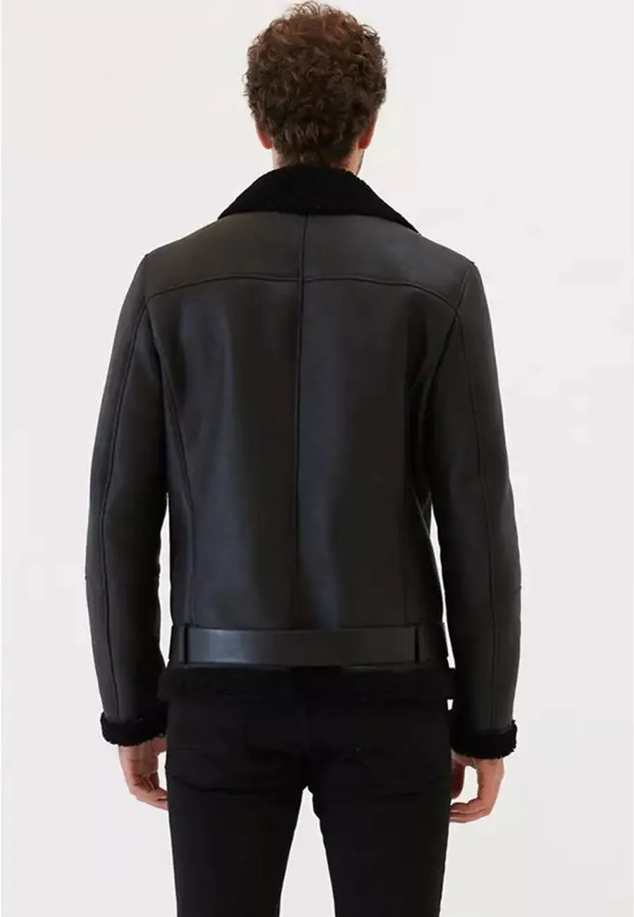 Men’s Black Leather Shearling Collar Jacket