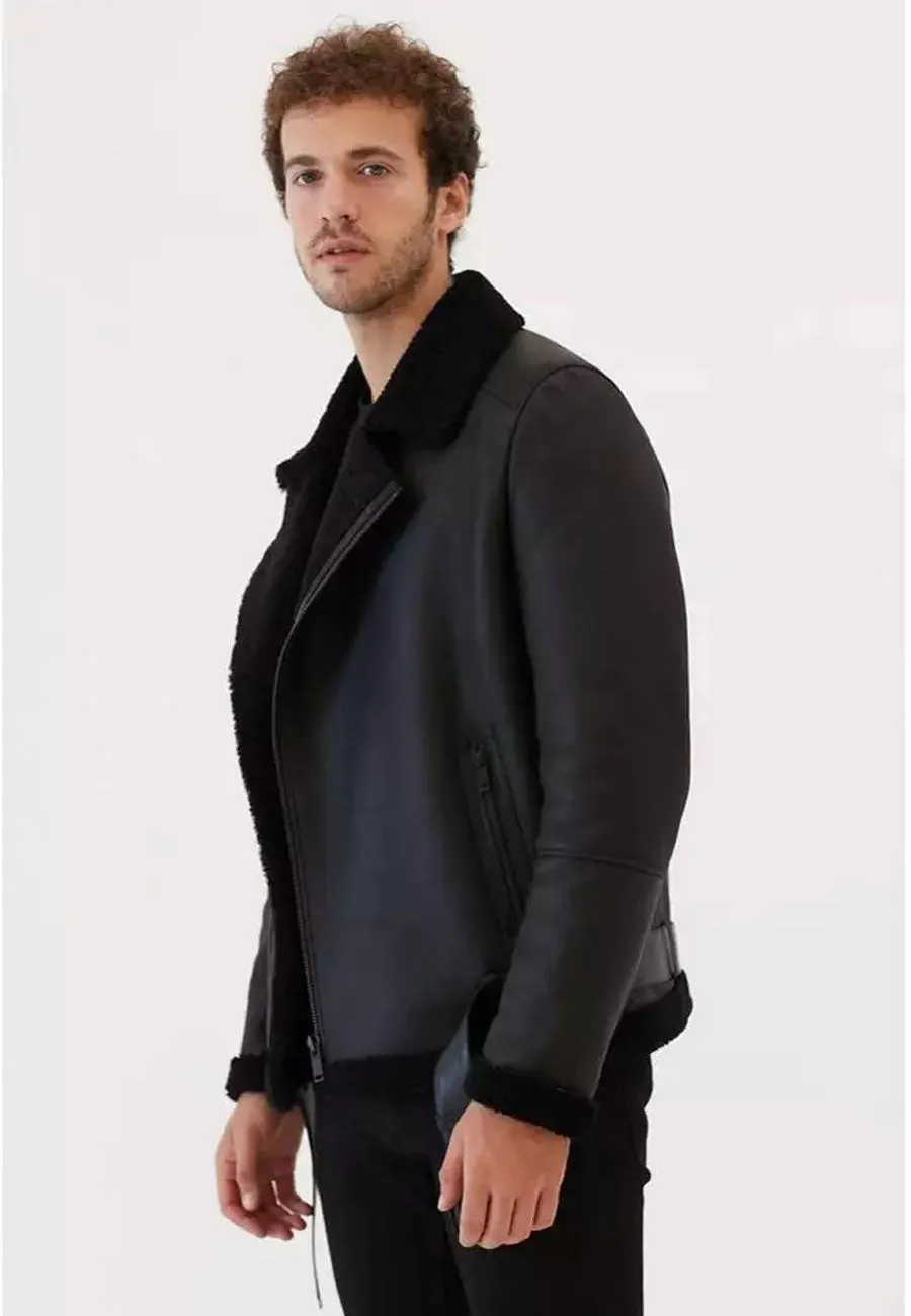 Men’s Black Leather Shearling Collar Jacket