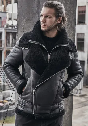 Men’s Black Leather Shearling Double Collar Jacket