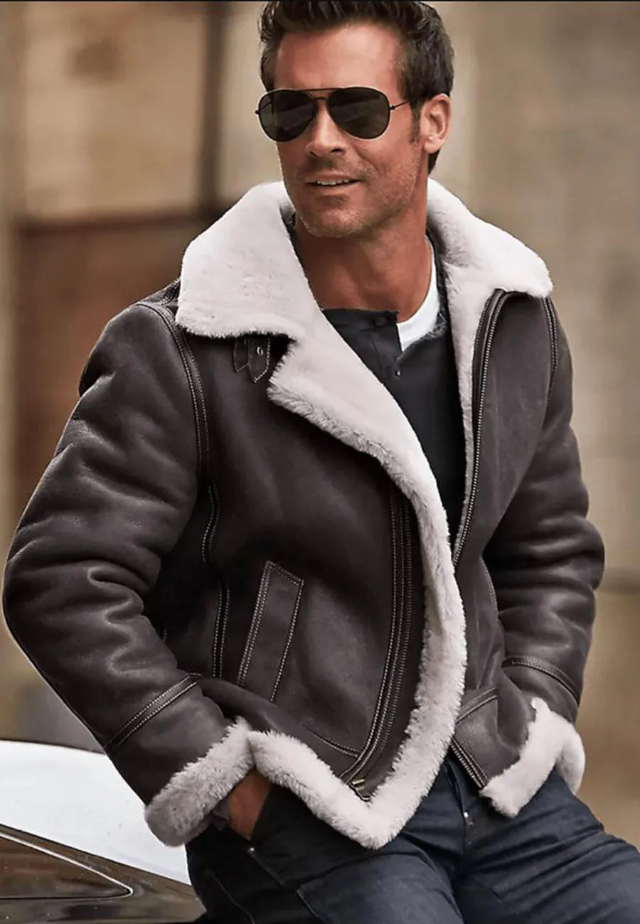 Men's Dark Brown Leather White Shearling Jacket