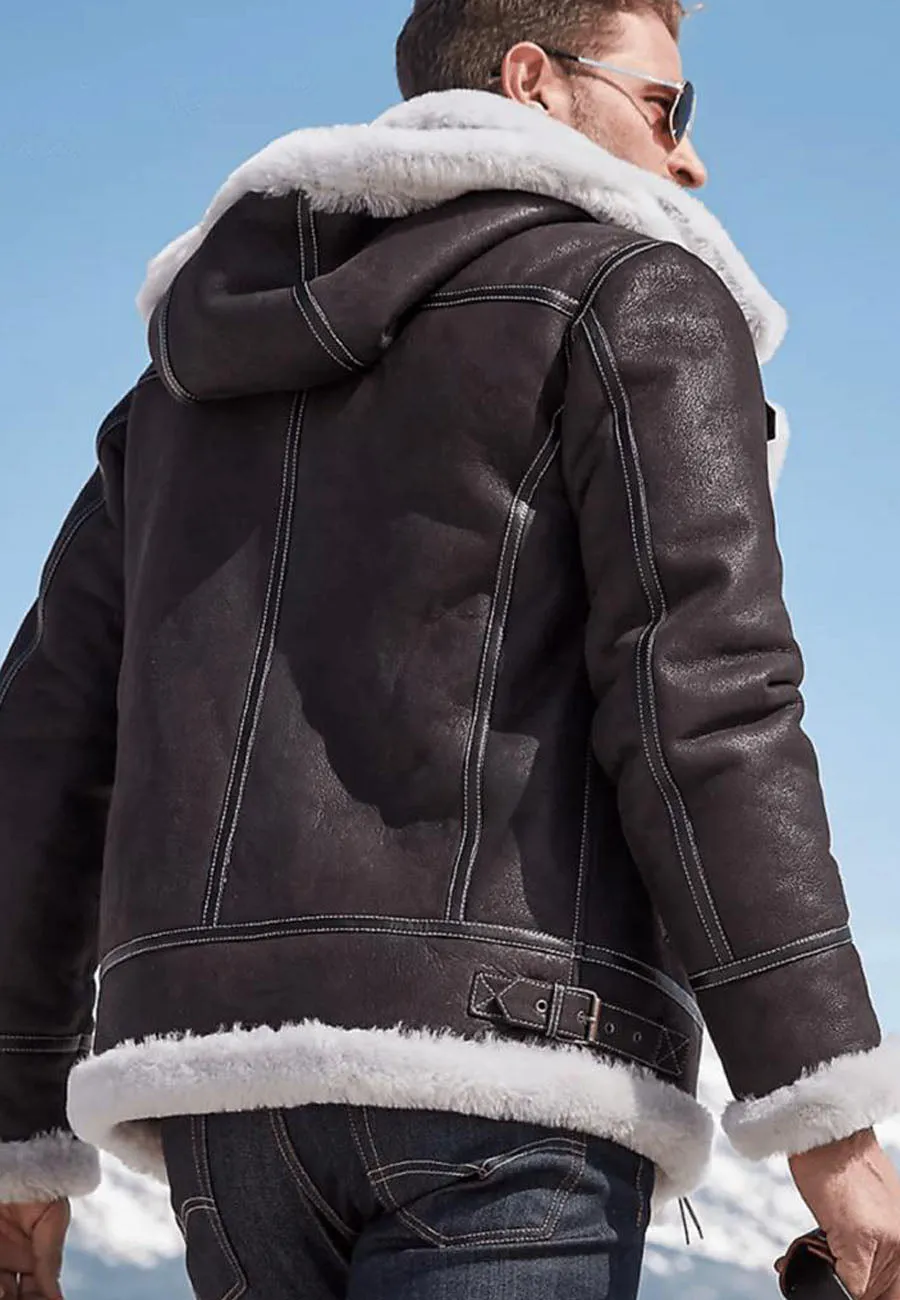 Men's Dark Brown Leather White Shearling Jacket