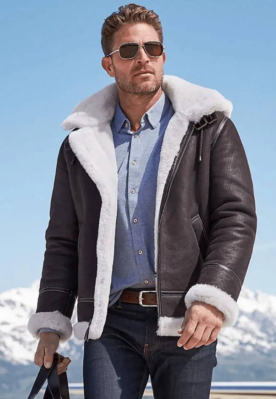 Men's Dark Brown Leather White Shearling Jacket