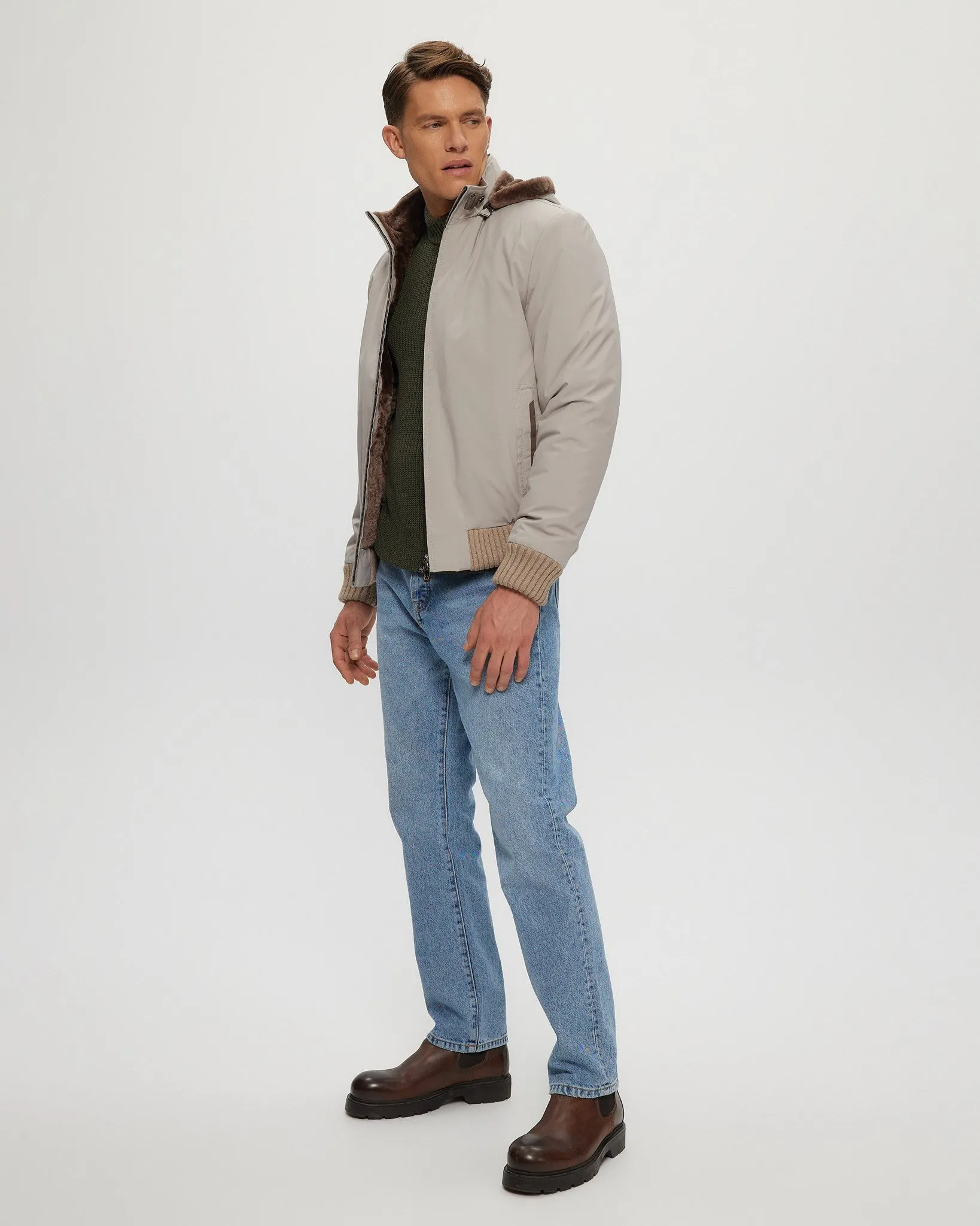 Men's Fabric Jacket with Lamb Lining and Detachable Hood